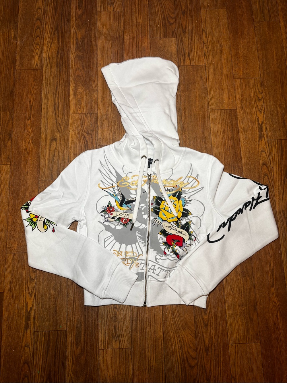 Ed Hardy White Hooded Zip-Up Jacket with Colorful Tattoo Graphics